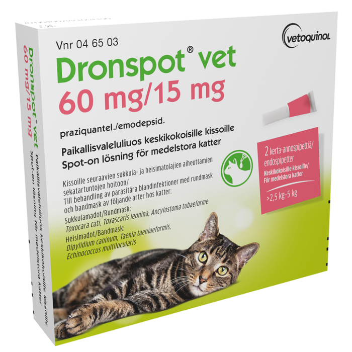 DRONSPOT VET 60 mg / 15 mg paikallisvaleluliuos (keskikokoisille kissoille)2x0,7 ml bild 2