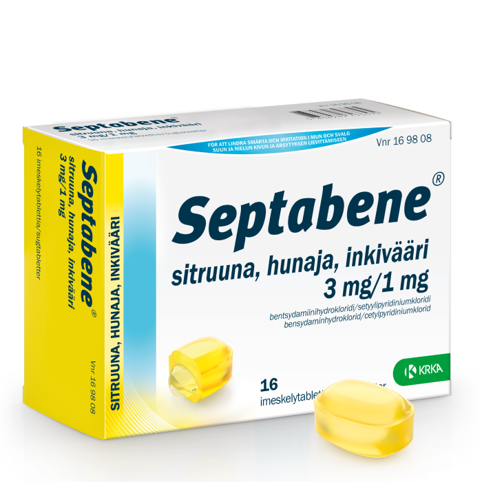 SEPTABENE SITRUUNA, HUNAJA, INKIVÄÄRI imeskelytabletti 3/1 mg 16 fol